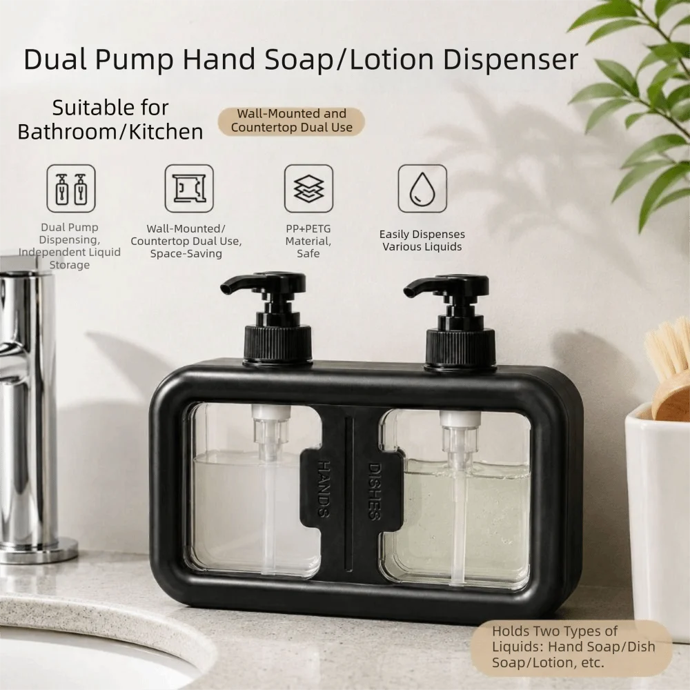 Dual Compartment Dual Chamber Soap Dispenser Press Pump Separate Storage Wall Mount Soap Dispenser 2-in-1 Design