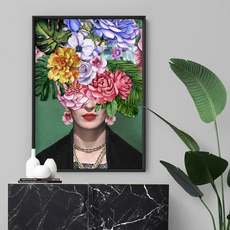 

Frida K Poster Mexican Woman Flowers Face Poster Print on Canvas Famous Art Painting Picture Wall Picture Room