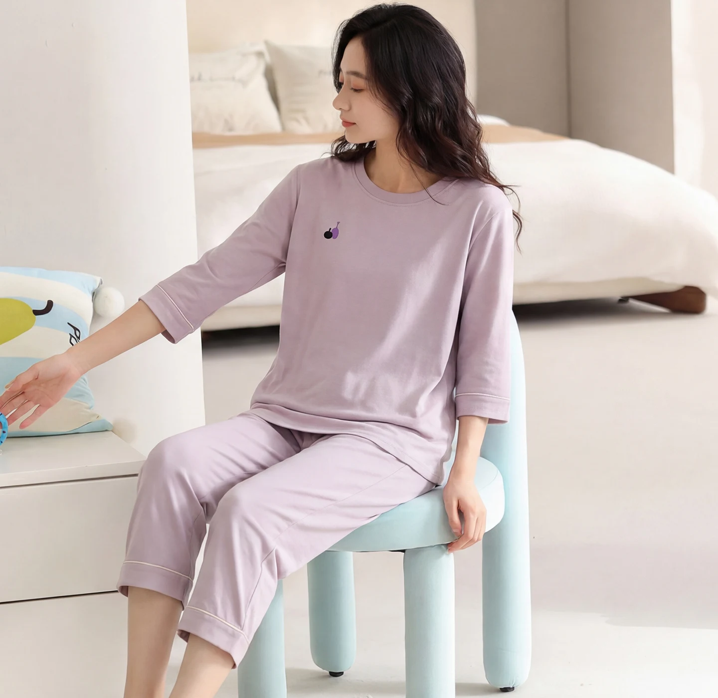 

Summer Women Pajamas Full Cotton Pyjamas Set Three-Quarter Sleeve Tops+Ankle-Length Pants 2PC Sleepwear Female Pijamas Homewear
