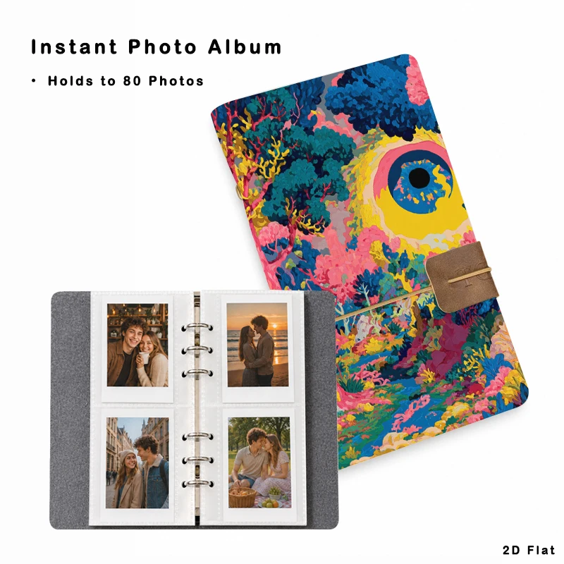 Colorful Fantasy Jungle Art Print PU Photo Binder Album 80 Pockets, Loose-leaf 6-Ring Photo Storage Book for 3 Inch Instant Phot