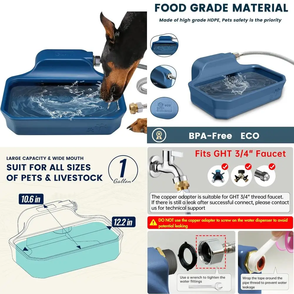 

1-Gallon Automatic Pet Water Dispenser, BPA-Free, Large Outdoor/Indoor Bowl for Dogs and Cats, Fits GHT 3/4 Faucet, Blue