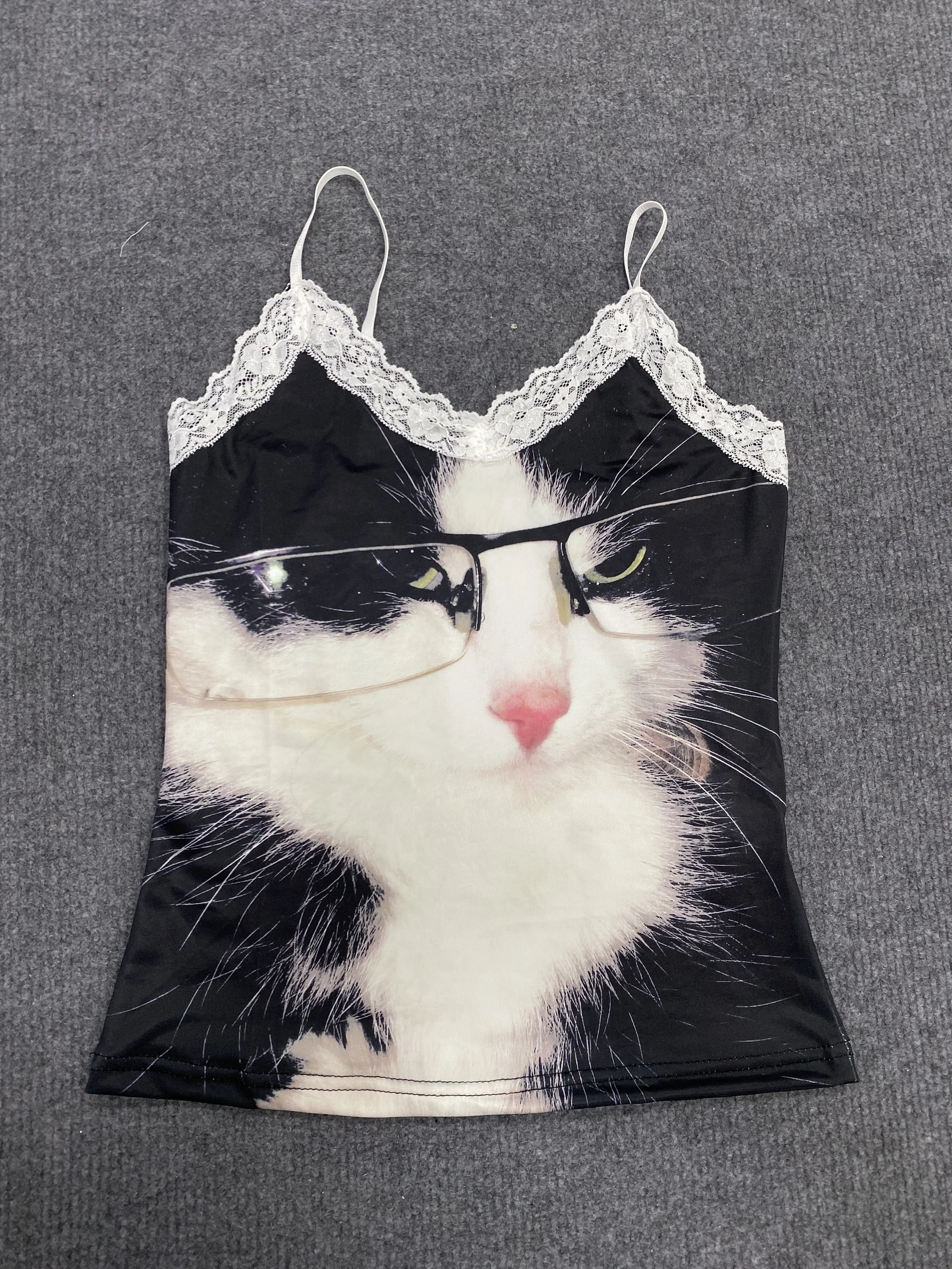 Pure Desire Style American Retro Y2K Sweet Lace Trim Vest Strap Women Full Print Oil Painting Backless Summer Top