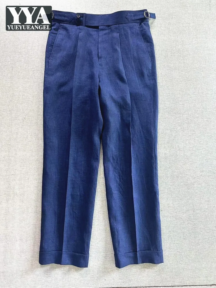 Summer Male Hot Sale Daily Linen Business Casual Pants High Waist Straight Leg Button Long Trousers Ankle Length Pant Slim Fit