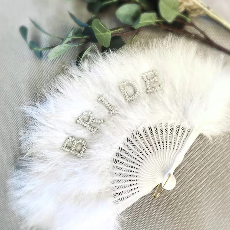 Elegant  Pearl Feather Fan Hand Held Bridal Wedding Decoration Folding Fan Single Women Party Supplies Photography Prop