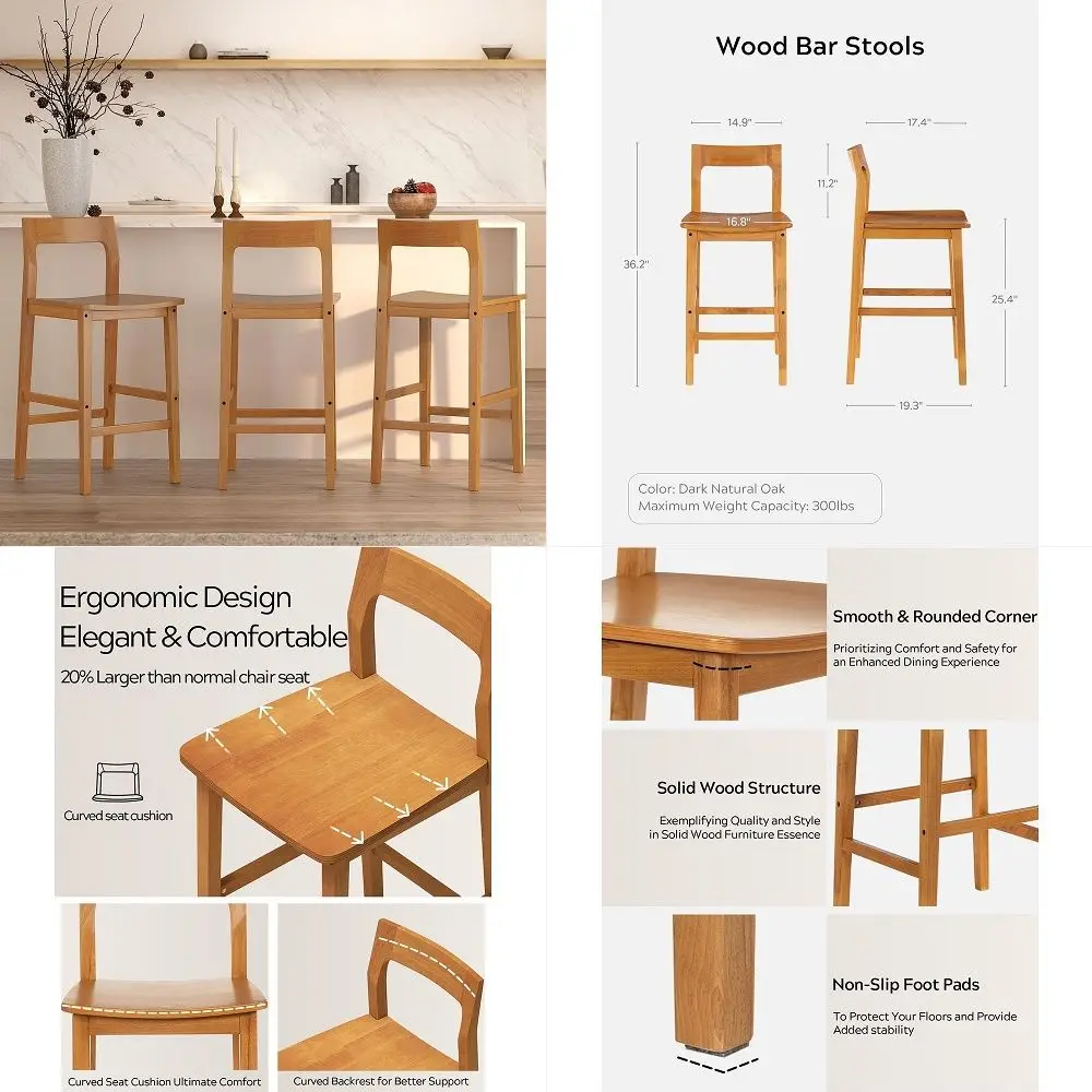 

Counter Height Stools Set of 3, Farmhouse 25 Bar Stools with Solid Wood Legs amp Back, Mid Century Modern Barstools Chairs for