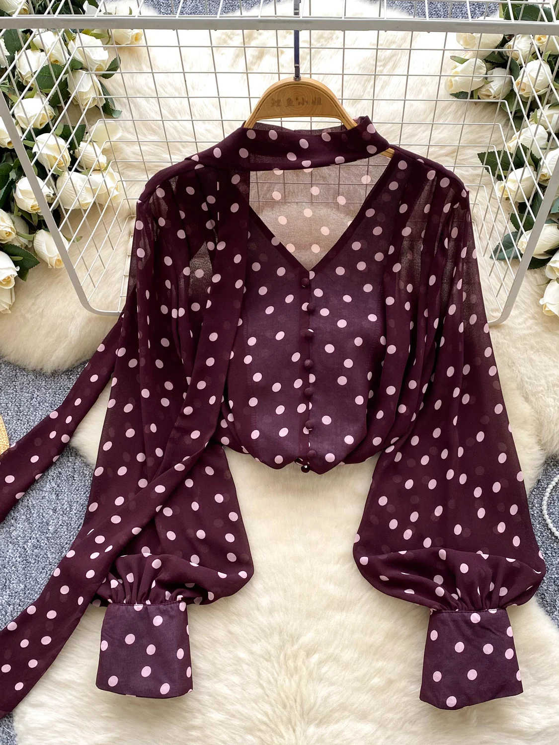 

Retro Korean Sle Polka Dot Lantern Sve irt Women's Thin Loose Design Cover up Top Summer Commute Faion Ladies' Blouse