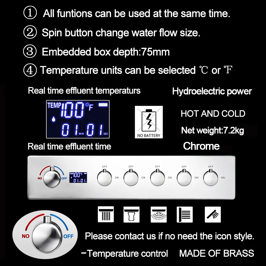 M Boenn Hot Cold 5 Functions Shower Set System Bathroom Faucets Temperature Display Mixer Embedded Ceiling Rainfall Shower Head