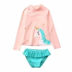 Girls Split Swimsuit Two Piece Set Children Cartoon Long Sleeve Sunscreen Swimsuit + Swimming Shorts 2-12 Years Old