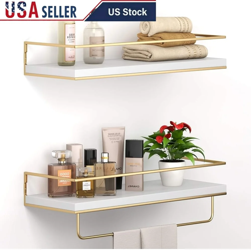 

Wall Mounted Floating Shelves Set of 2 with Golden Towel Rack Decorative Storage Organizer Bathroom Kitchen Living Room