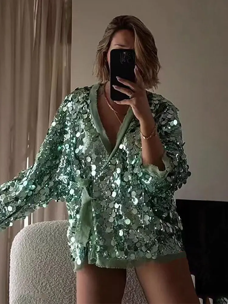 GACVGA Loose Sequins Lace-up Cardigan Jacket Women V-neck Long Sleeve Shiny Shirt Autumn Y2K Streetwear Lady Fashion Coat