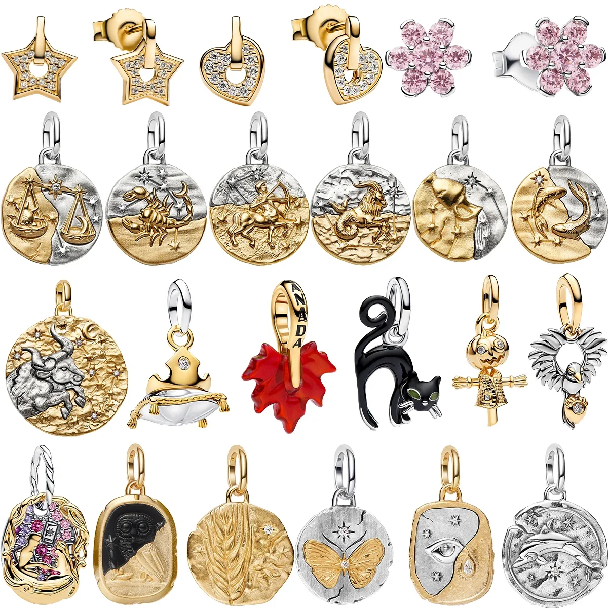 New Original 925 Sterling Silver The Twelve Zodiac Signs Cat Flower Earrings Pendant Necklace For Women's Jewelry Birthday Gift