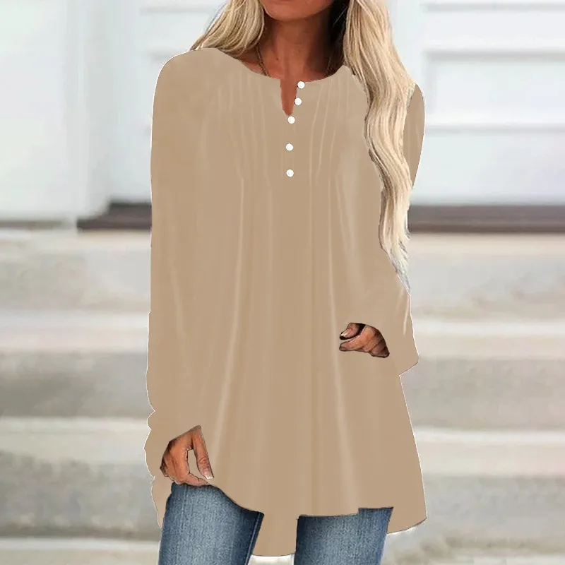 

2024 Womens Autumn V Neck Button Velvet Shirt Pleated Front Asymmetric Hem Long Sleeve