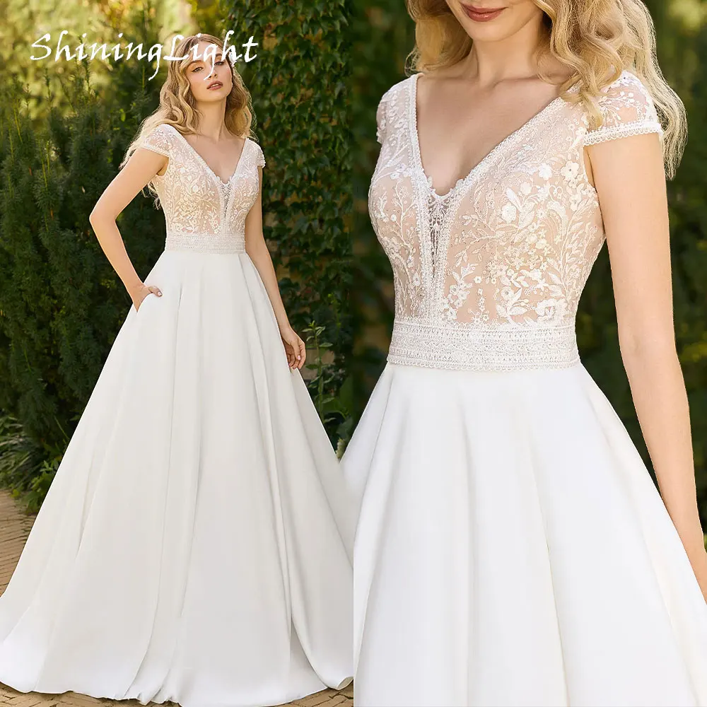 

ShiningLight Classic Satin Bride Gown 2026 V-Neck Cap Sleeve A-Line Lace Boho Wedding Dress Backless vestido de novia Customized