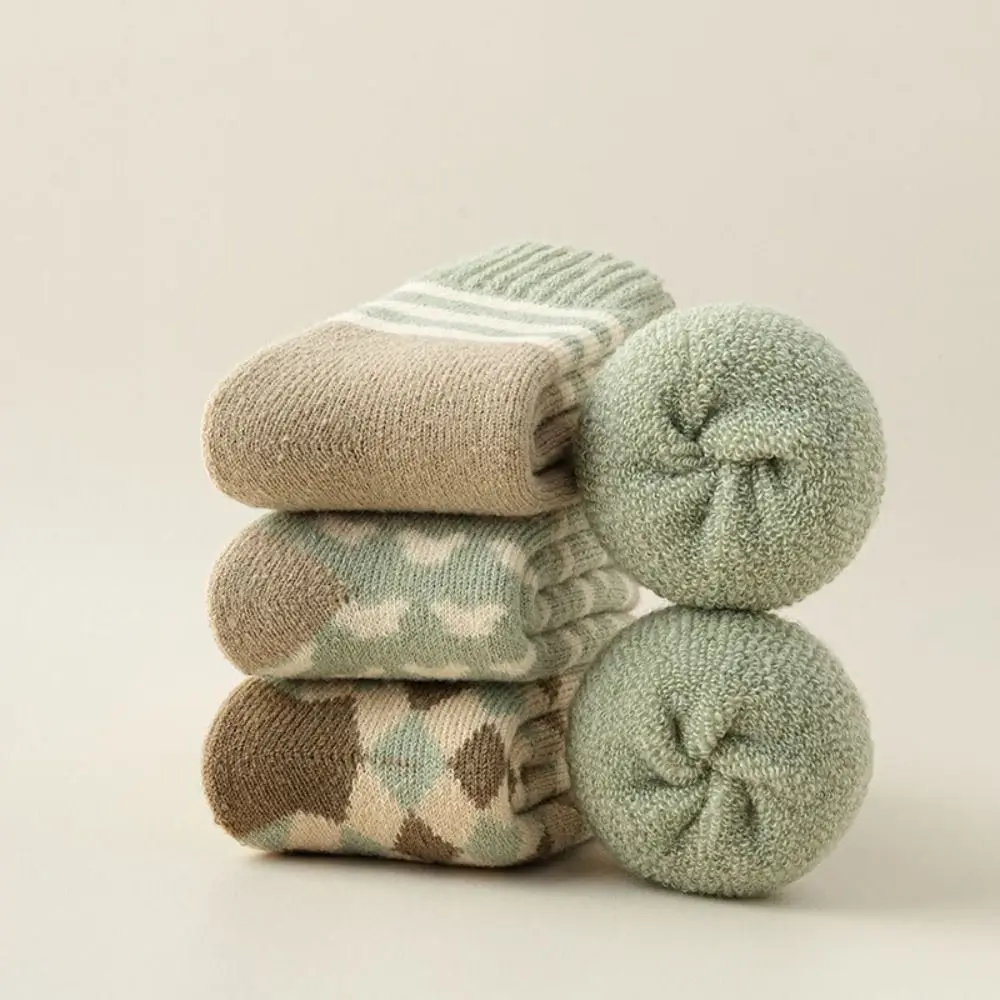 4Pairs Simple Stripe Grid Thickened Socks Winter Sleeping Floor Socks Hosiery Mid-tube Warm Socks Women For Girls