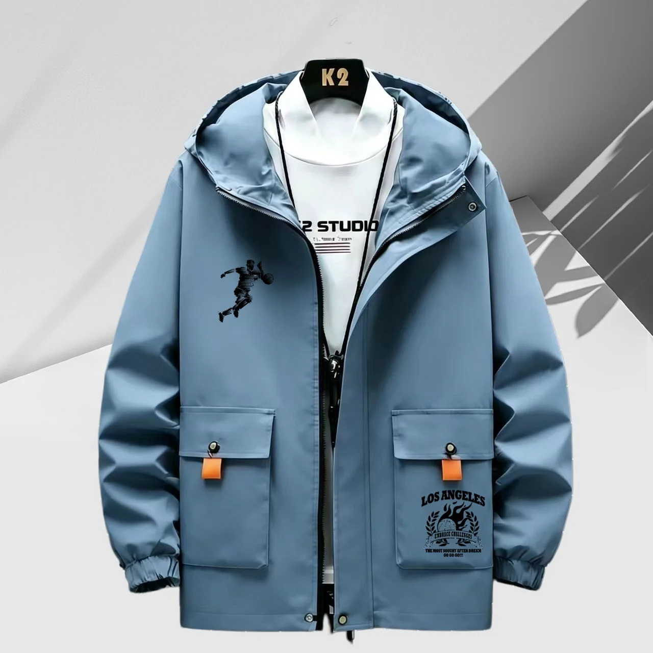 Men's hooded zipper jacket, casual loose windproof jacket, printed pattern coat, outdoor daily lightweight and fashionable overs