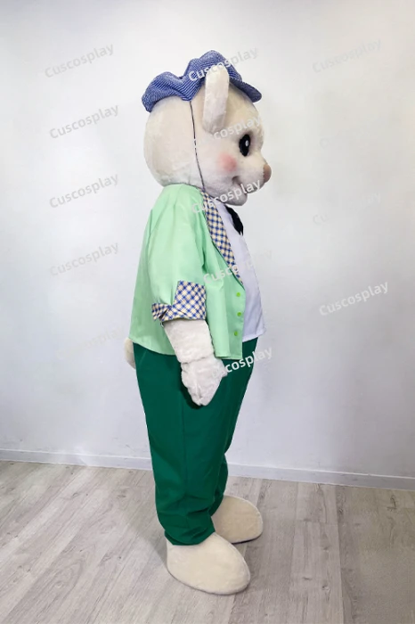 ChristmasCute Teddy White Bear Mascotte Green Suit Hat Fancy Cartoon Mascot Costume Plush Fancy Dress