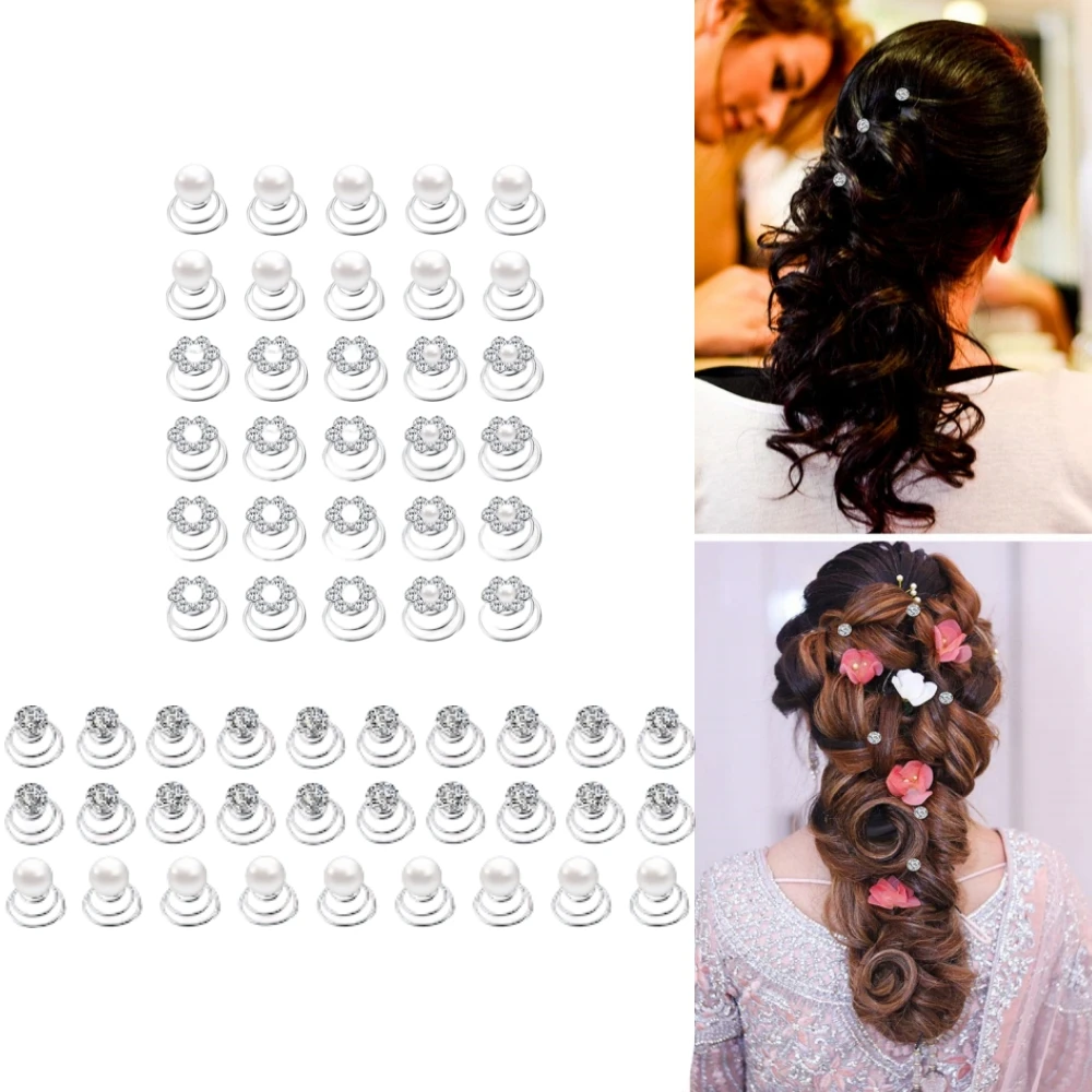 60 Pcs Spiral Hair Twists Set Rhinestone Flower Fake Pearl Multi-Style Wedding Bridal Prom Party Hair Accessories