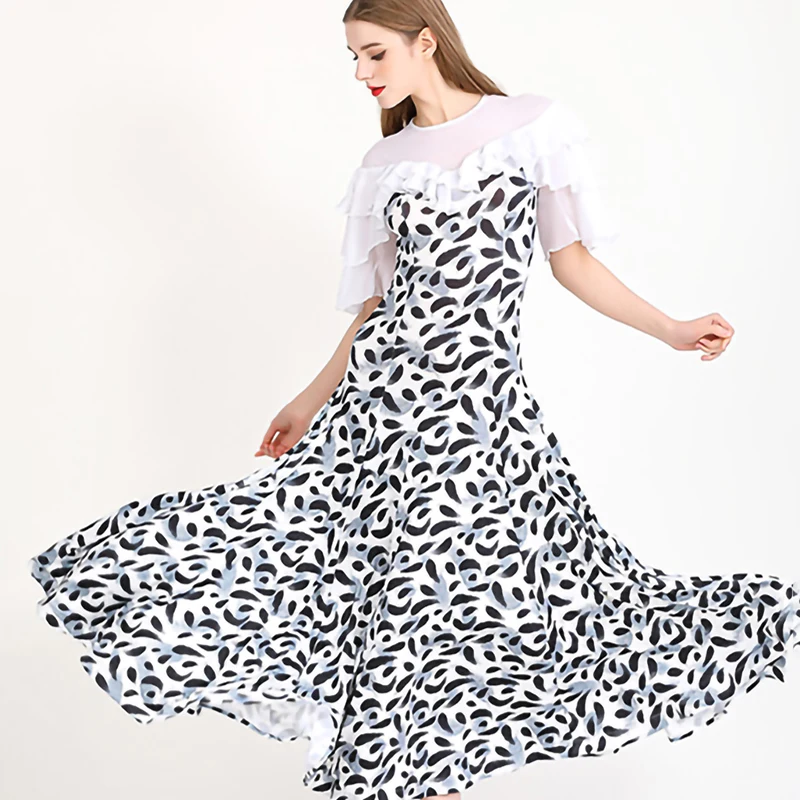 

Ballroom Dance Standard Dance Competition Costume Printed Lotus Leaf Sleeve Black Stage Round Neck Practice Dance Dress Waltz