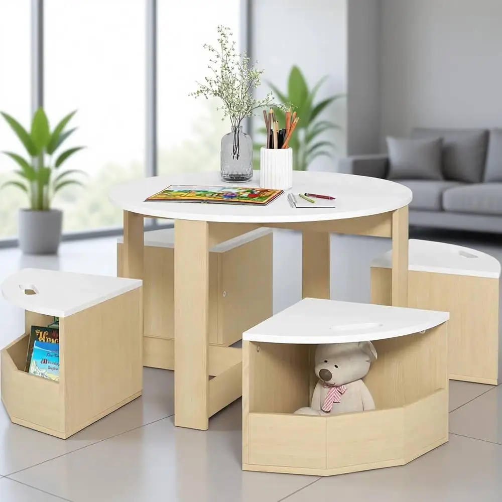 

Комплект из 5 предметов: круглый стол и стулья для малышей с местом для хранения, для игр и творчества, белый цвет