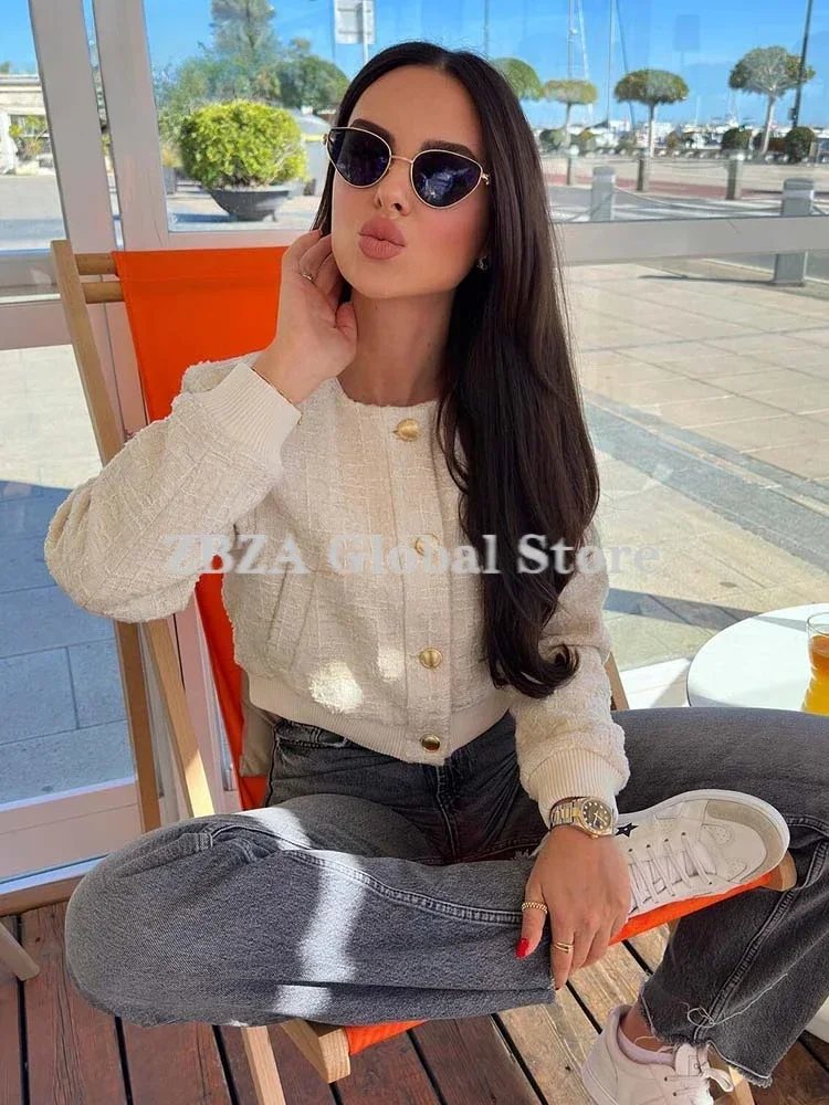 ZBZA Woman\'s Textured Cropped Bomber Jacket Round Neck Long Sleeves Short Jacket Coat Gold-tone Button New Female Chic Outerwear