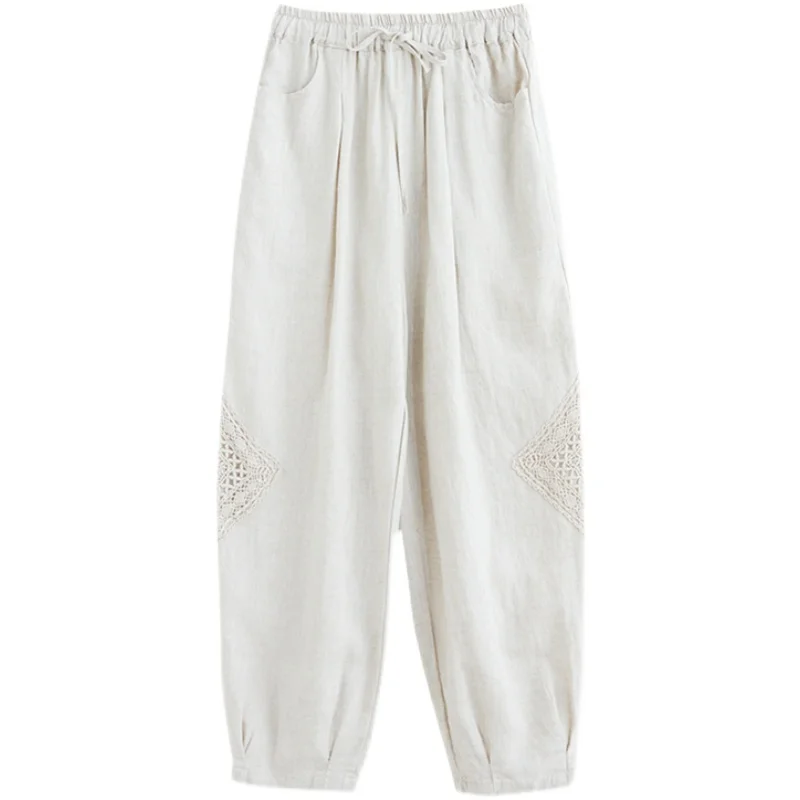 Verão novo pesado bordado algodão linho cintura elástica emagrecimento harlan calças lanterna artística pequeno pé faionable