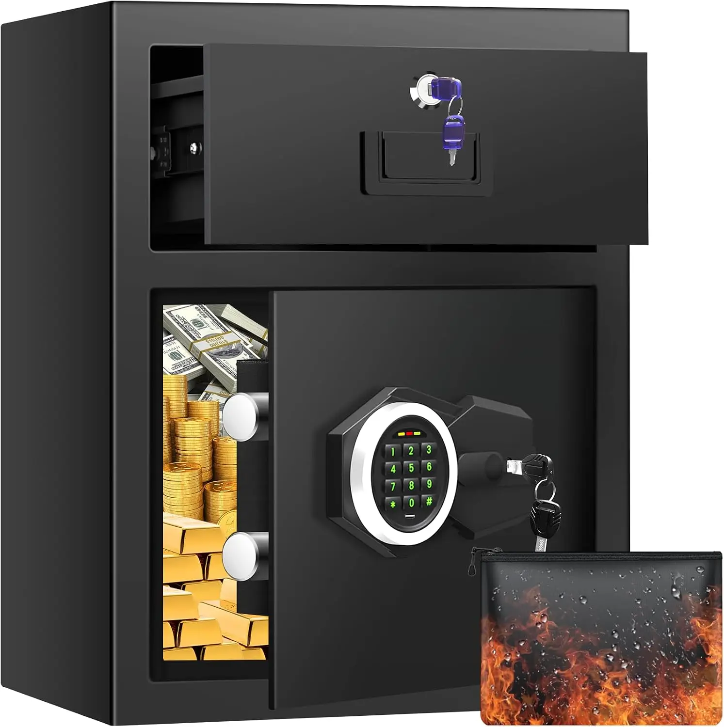 2.8 Cub Safe for Home, Safe Box with Drawer, Combio Lock&Key, Fireproof Bag | Night Friendly Backlit Keypad, Anti-Theft Alert Sy