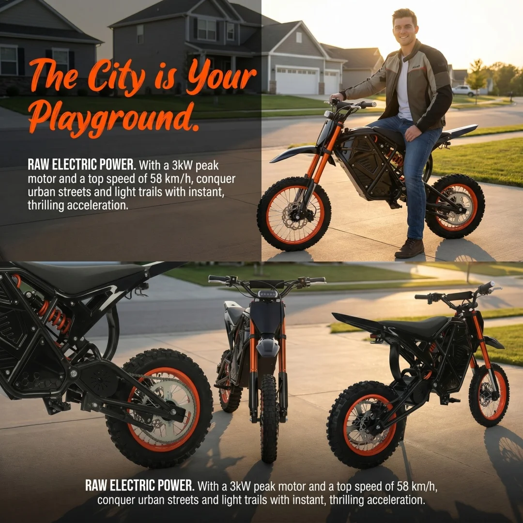 EDB001 Black&Orange Adult Electric Off Road Dirt Bike Strong Power Brushless Motor Hydraulic Front Fork Rear Nitrogen Shock Absorber Hydraulic Disc Brake Detachable Waterproof Lithium Battery Mountain Trail Riding Electric Motorcycle
