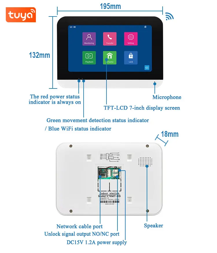 TUYA Wireless Wifi Video Doorbell 1080P 7 Color Touch Screen Smart APP Home Intercom Kit for NFC Access Control System