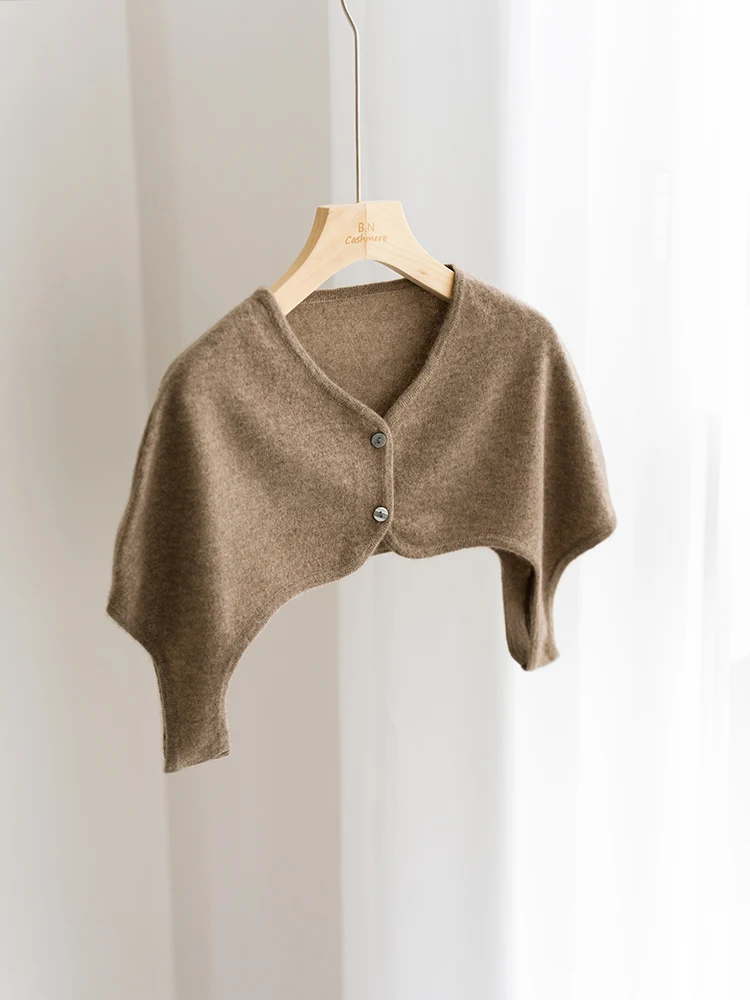 100% Natural Cashmere Women Knitted Shoulder Warmer Button Stoles Inner Wear Poncho Cape Soft Warm Pure Cappa Cozy Mantles