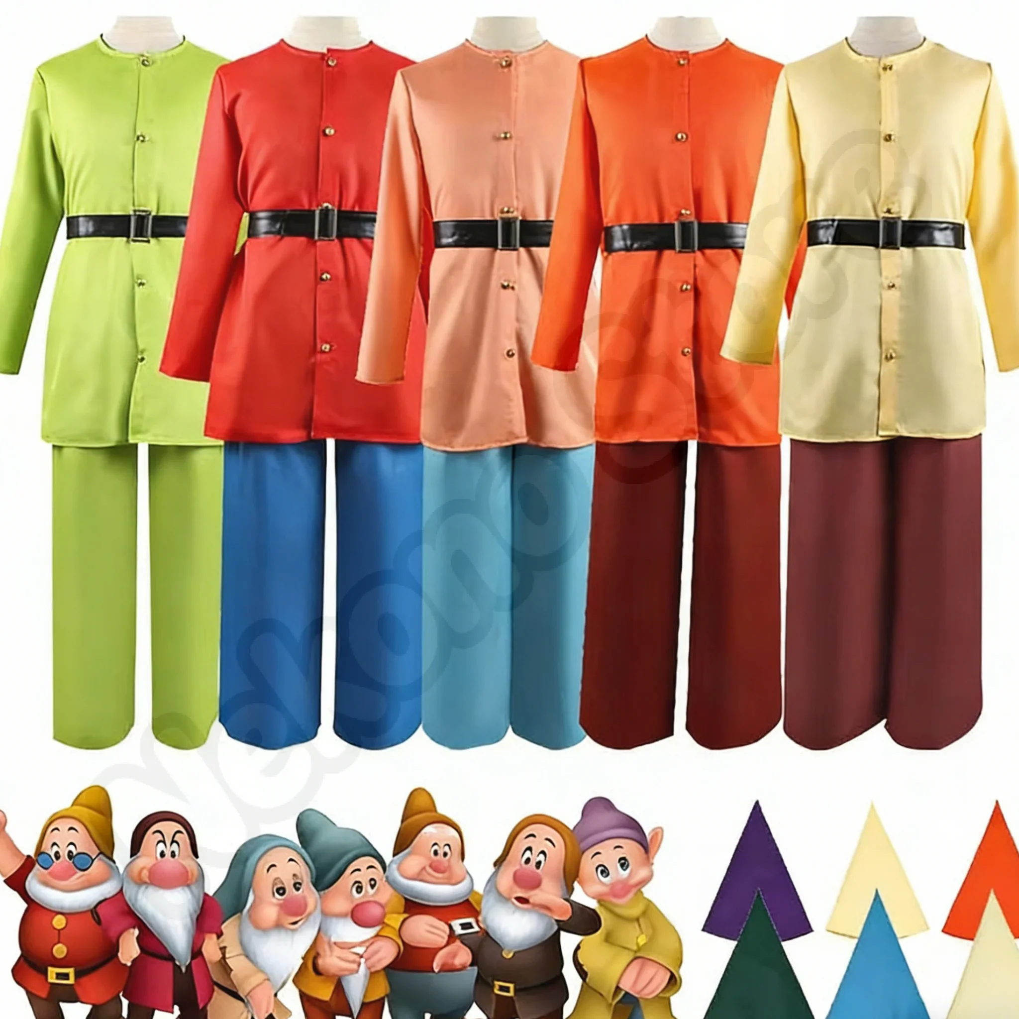 Anime Sieben Farben Zwergen Cosplay Kostüme Bunte Anzüge Hemd Hose Hut Zwergen Halloween Cos Unisex