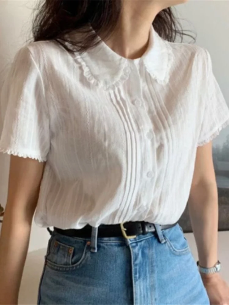 Women Peter Pan Collar Lace White Shirts 2024 Blusas Mujer De Moda Short Sleeve Tops Sweet Summer Solid Y2K Thin Blouses