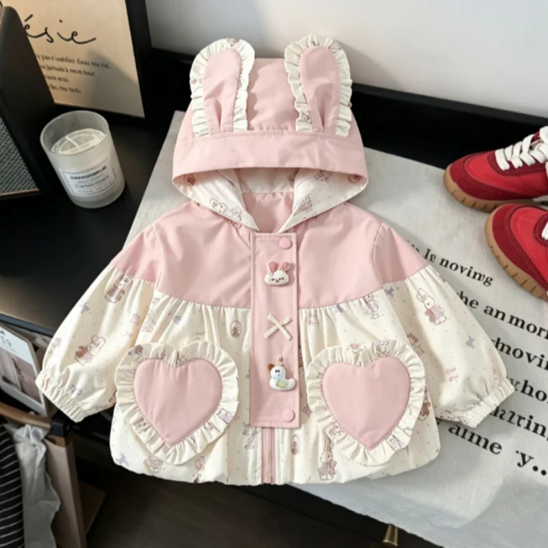 Toddler Girls 3D Rabbit Ear Splicing Jacket Spring Autumn New Fashion Children's Ruffled Zip Up Coat Cartoon Baby Outerwear