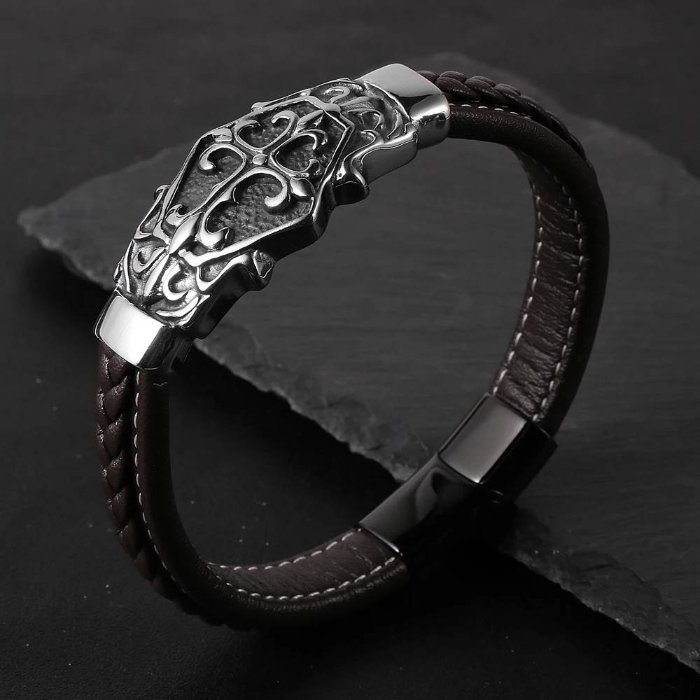 

Nabest Vintage Brown Black Genuine Leather Bracelet for Men Cross Bracelets Silver Stainless Steel Charm Magnetic Buckle Bangles