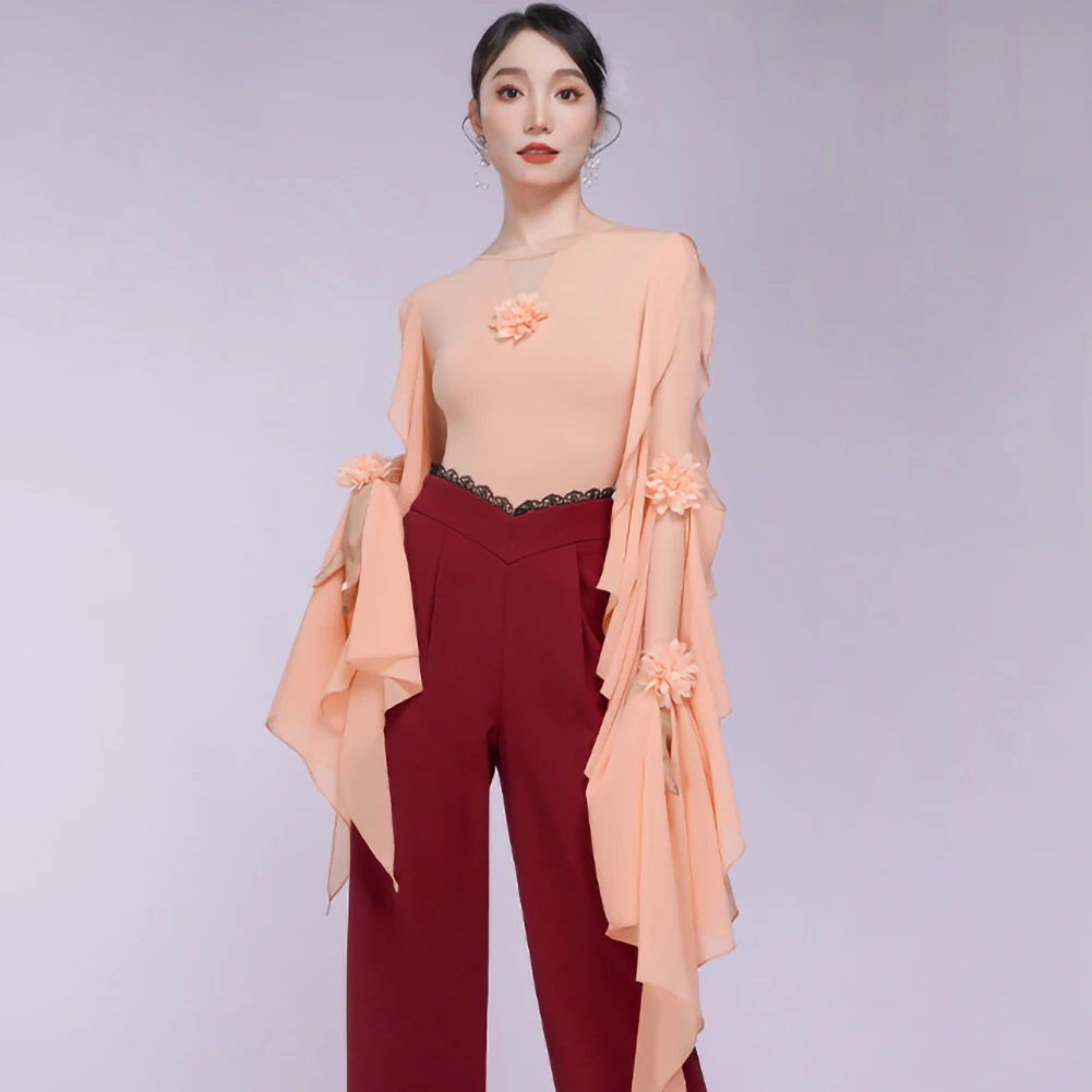 

New Purple Top High-end Ballroom Dancing Women's Long-sleeved Orange Performance Flower Floating Cloth Ruffled Elegant Jumpsuit