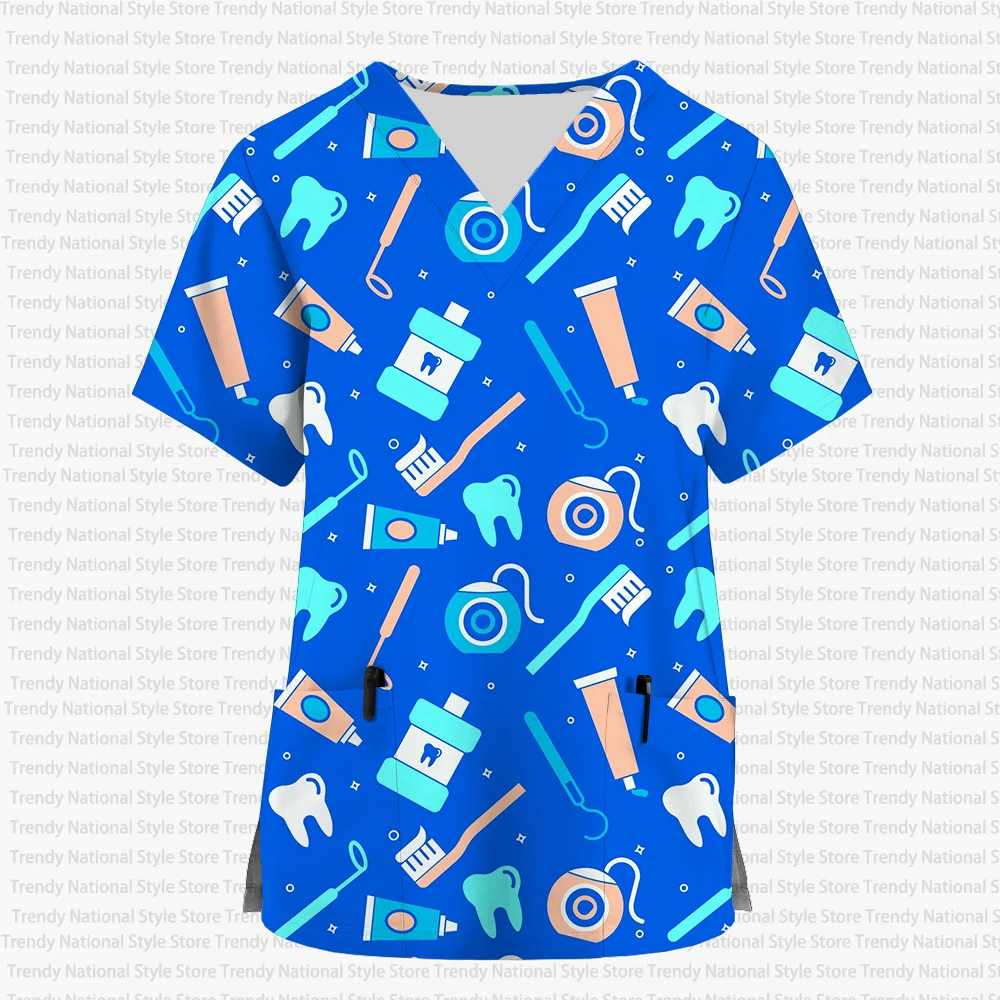 New Summer Women's Hospital Clinic Dental Pet Shop Care Uniform T-Shirt V-Neck Short Sleeve Frosted Top with Printed Design - view 6