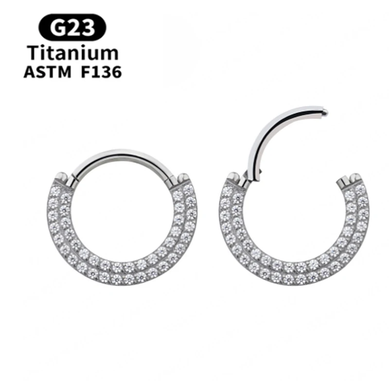 1Pc G23 Titanium Earlobe Piercing Ear Cartilage Earring Double Layered Zircon Hinged Segment Nose Rings Lip Clicke Jewellery