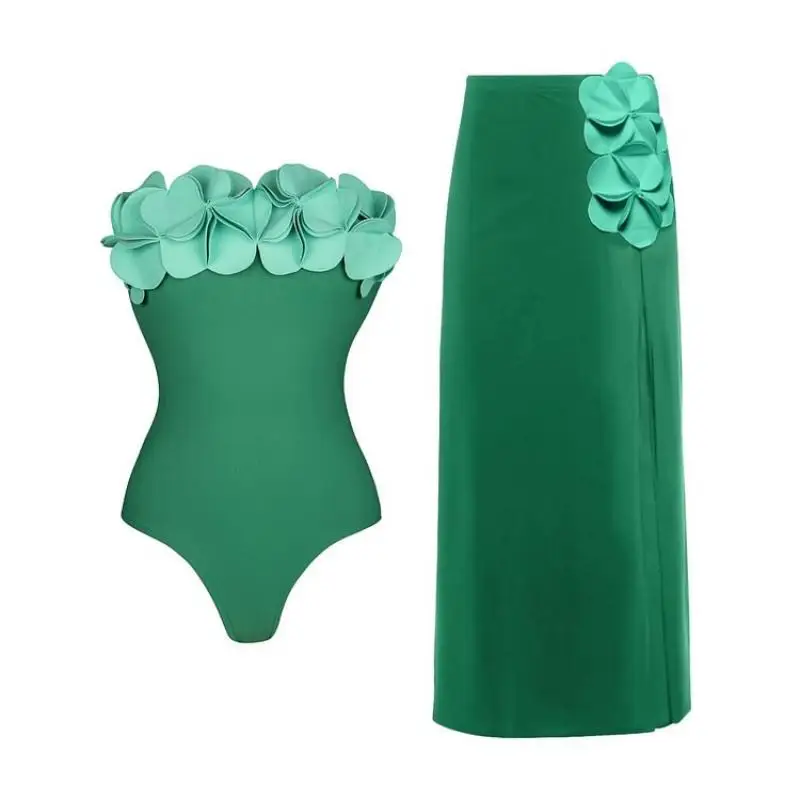 Flaxmaker 2025 Bandeau 3D Flower One Piece Swimsuit and Skirt Women Sexy Off The Shoulder Party Swimwear Sets Femme Beachwear