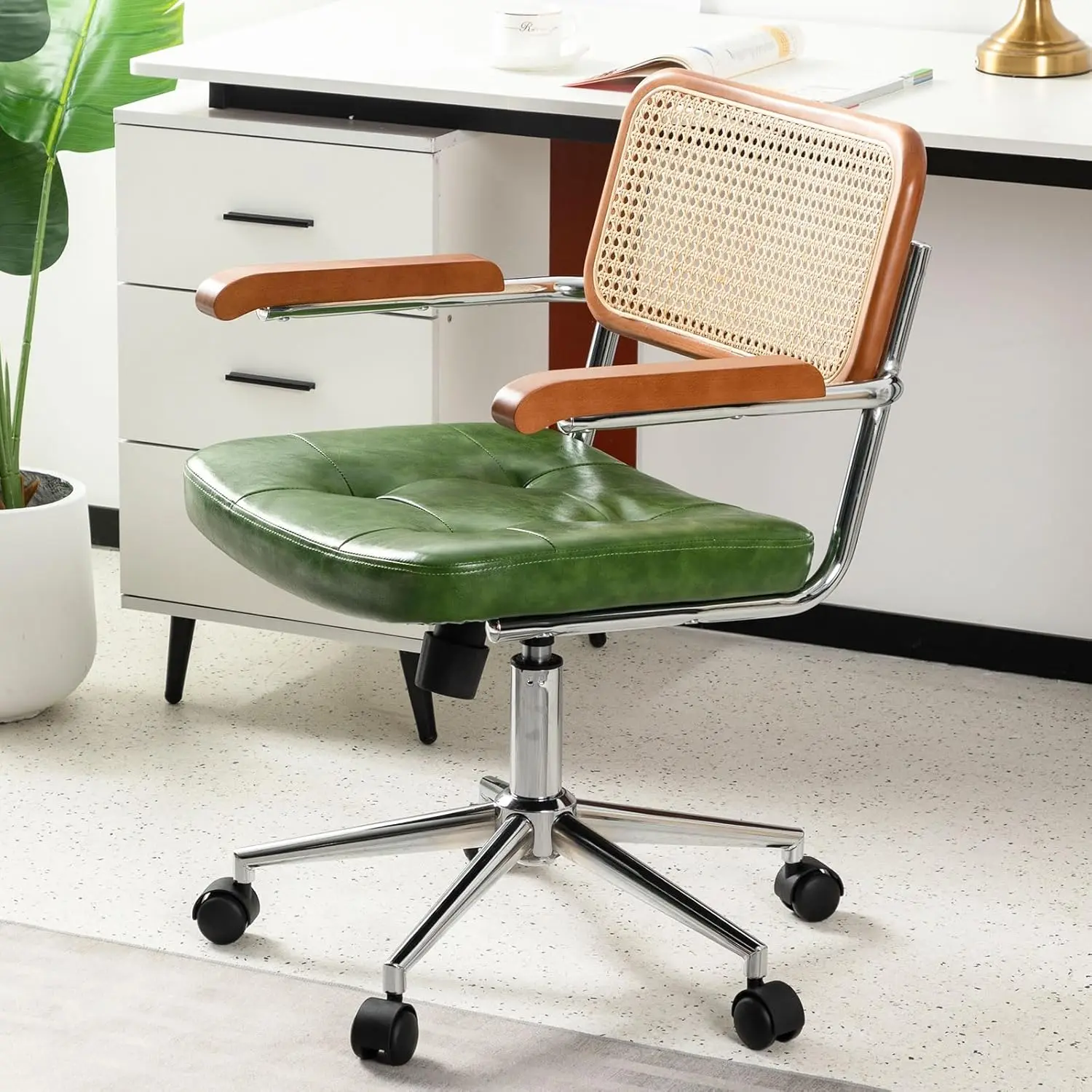 i*-Rattan Office Chairs, Modern Rattan Desk Chair With Natural Back & Wood Armrest, Small Upholstered Tufted Leather Home