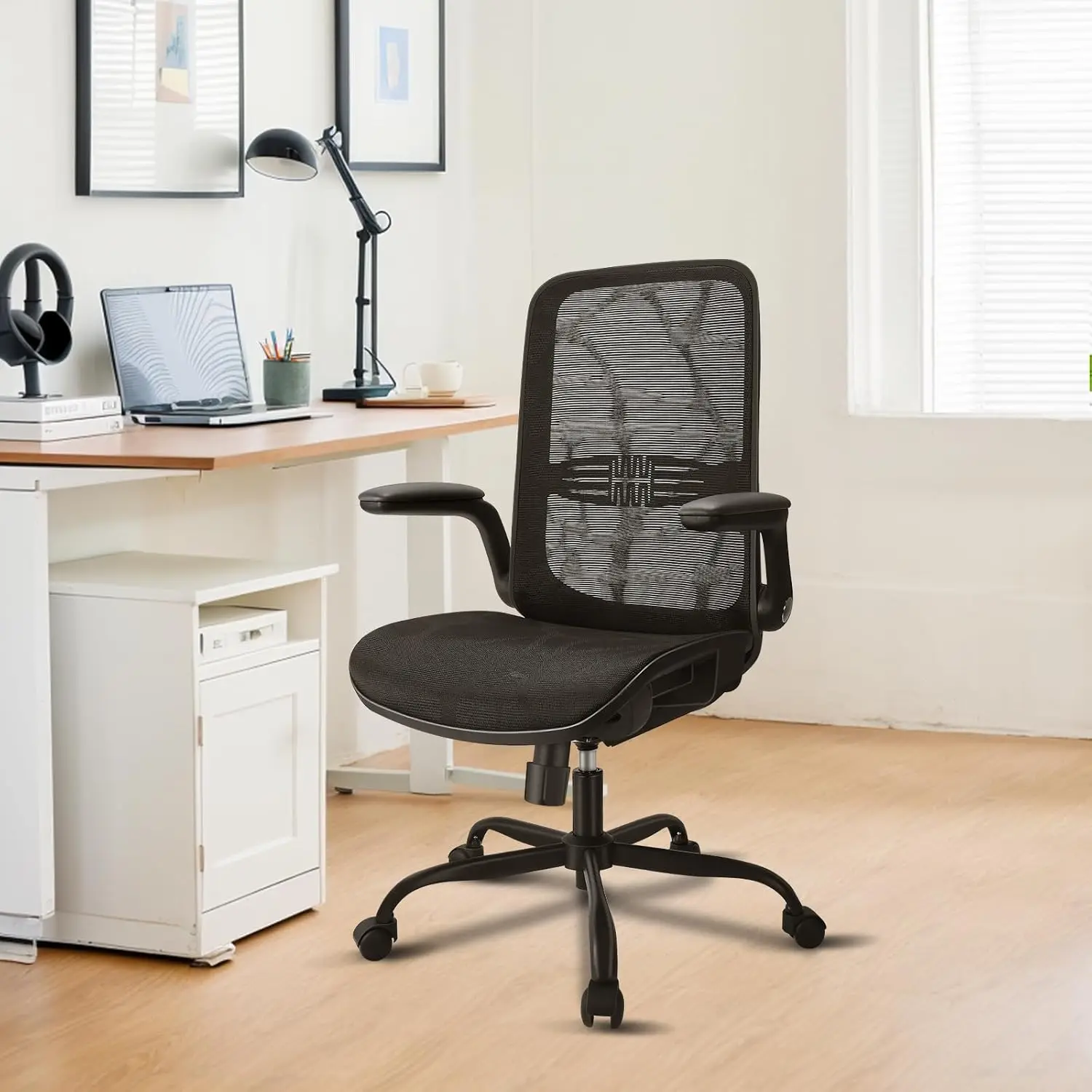 Mesh Back Adjustable Lumbar Support, Tilt Function，Flip-up Armrests, Swivel Home Office Chair