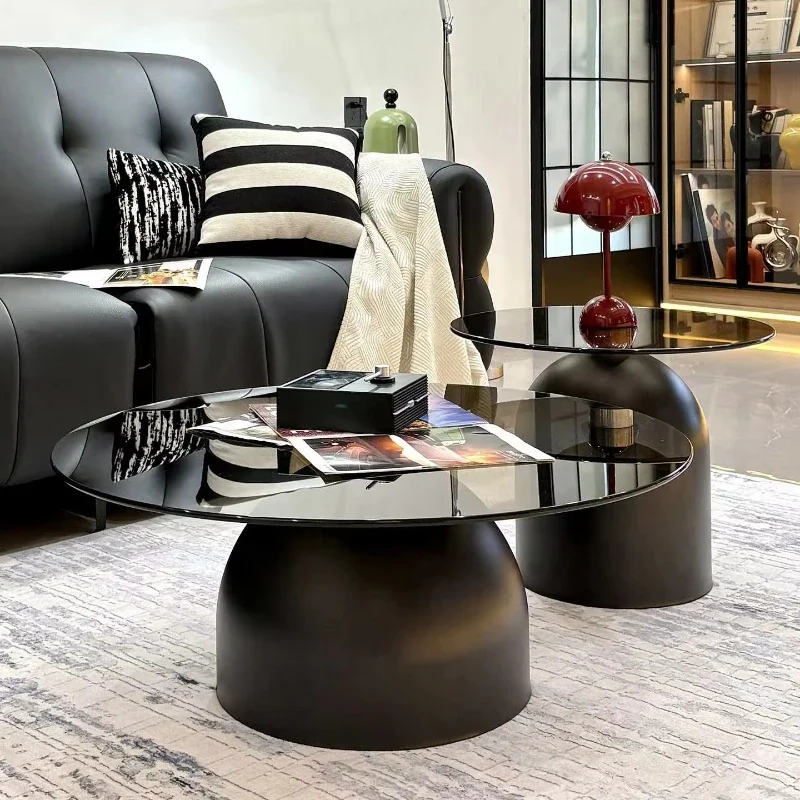 

Scandinavian modern coffee table, stylish European design, transparent glass top and living room wood board