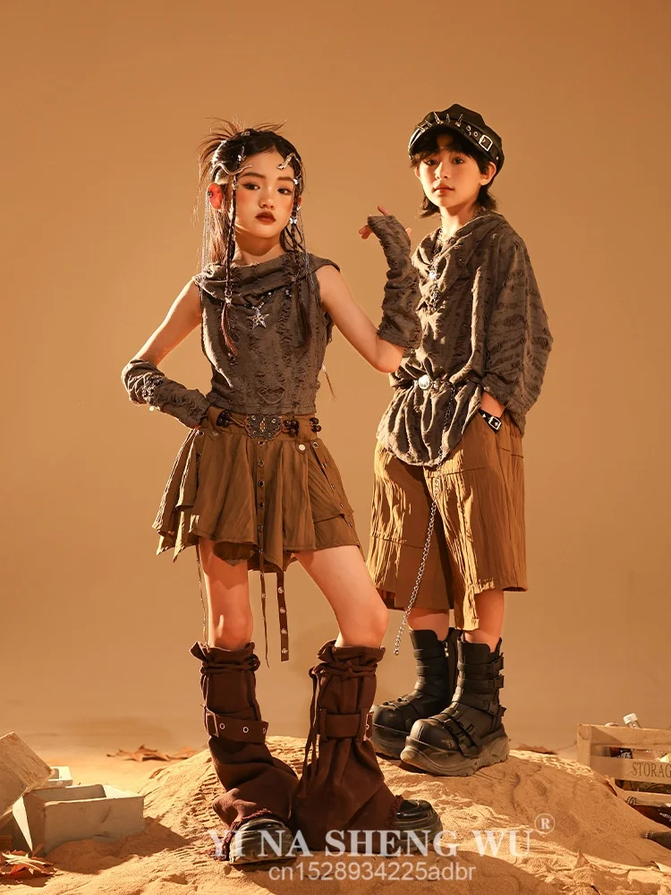 طفل القفار نمط الهيب هوب الملابس رمادي المتزعج هوديي أعلى القهوة مطوي تنورة السراويل لفتاة صبي أزياء رقص الملابس #1