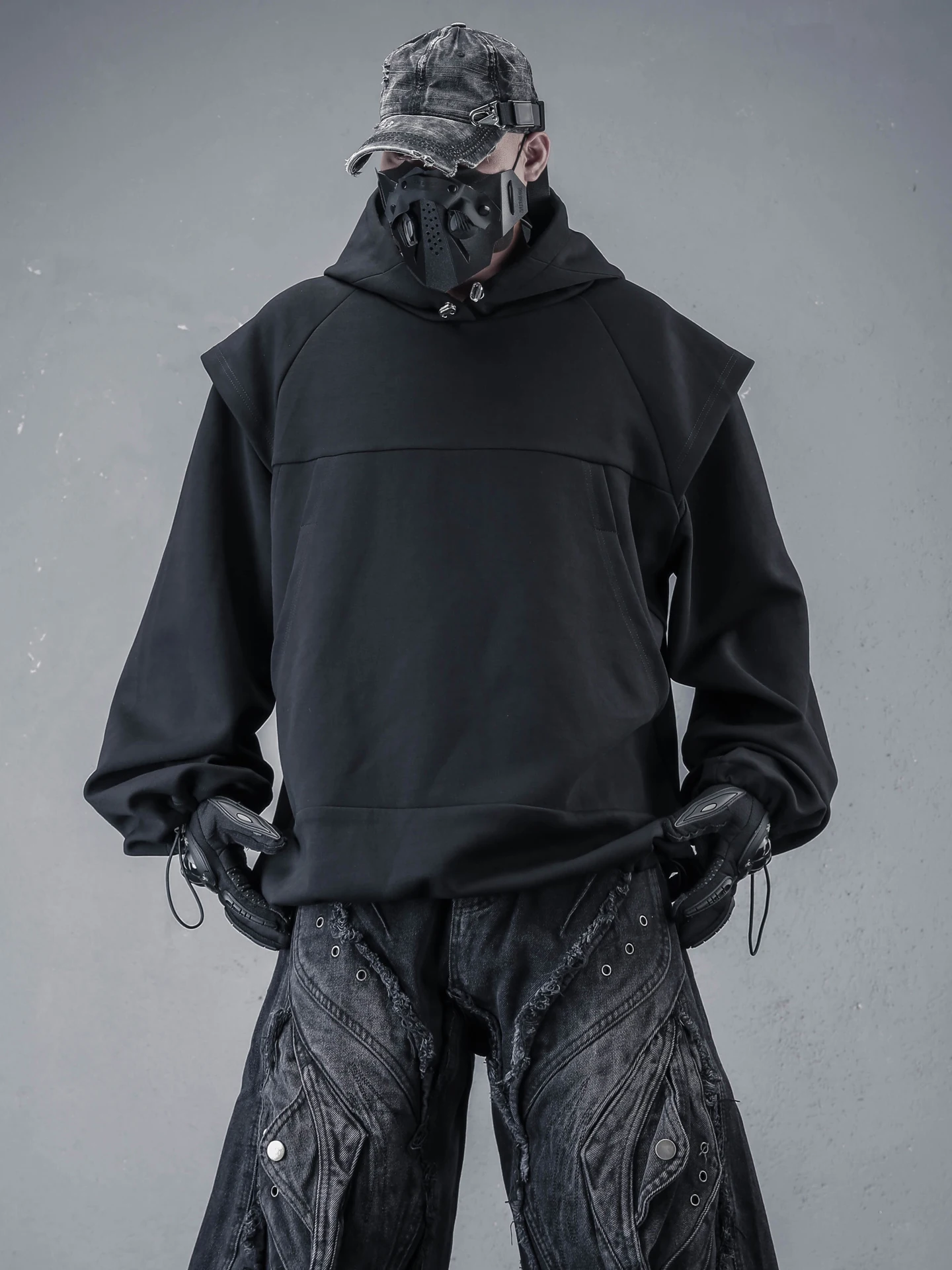 PWLZ Original Dark Functional Style Hoodie Fake Two-Piece Design Heavyweight Cotton Polyester Blend Drawstring Hoodie Sweatshirt