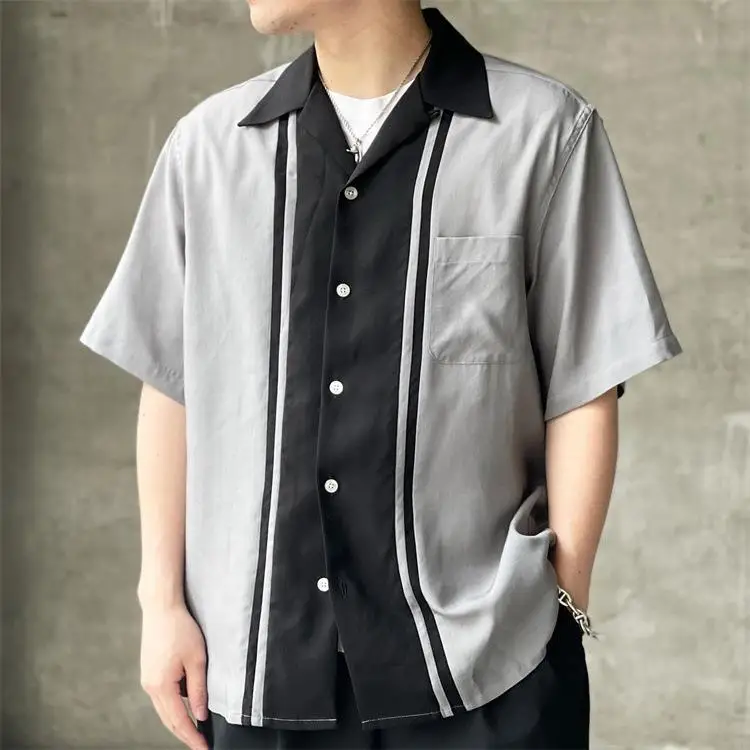 

ort Sve Stripe Patchwork Color Hawaiian irt Мужской воротник с принтом из искусственной кожи, тонкий, легко деформируемый, летний