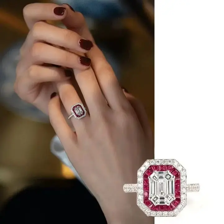 18K Diamond Woman Fashion Classic Geometry Ruby Ring Art Design Style Wedding Gift