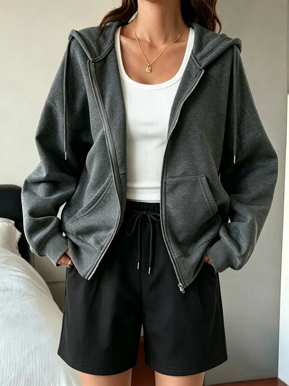 Womens 3Pcs Tracksuit Set Casual Comfortable Warm Solid Coats Jogging Streetwear Oversized Shorts Zipper Hoodies Slim Tank Tops