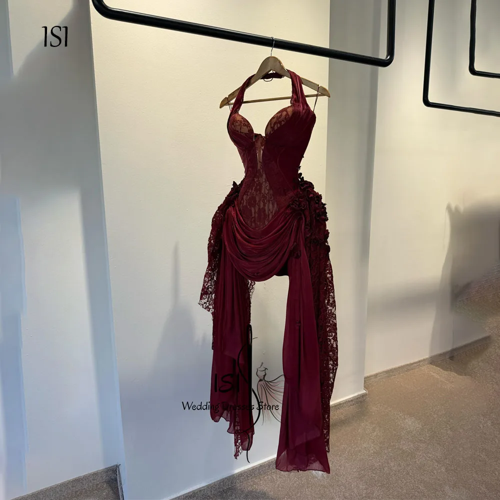 ISI Vintage Spitzen-Mini-Abendkleider 3D-Blumen Neckholder Tiefer V-Ausschnitt Plissiertes Meerjungfrau-Ballkleid Rüschen-Partykleider Maßanfertigung