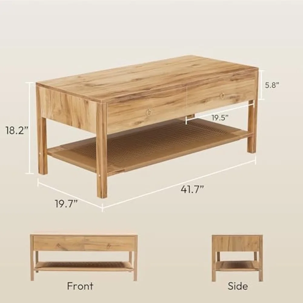 Mesa de centro Boho com armazenamento, mesa de centro de madeira de 42" para sala de estar, 2 gavetas de armazenamento e prateleira aberta de vime, estilo boêmio C