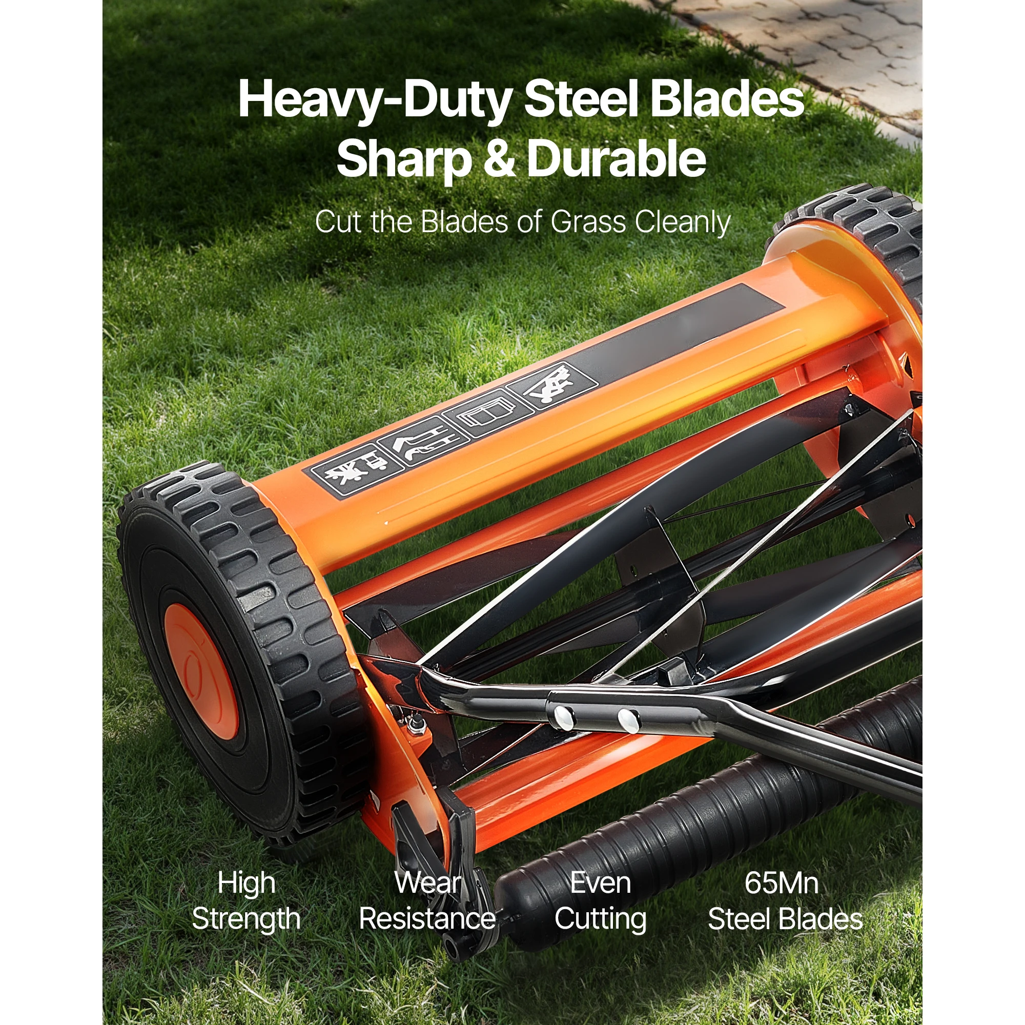 Push Reel Lawn Mower 16 inch, 5 Blades Manual Push Mower No Motor, 0.6-1.75 in Adjustable Cutting Height, Walk-Behind Lawn Mowers with Grass Catcher Bag for Green Lawns, Driveways, Courtyards