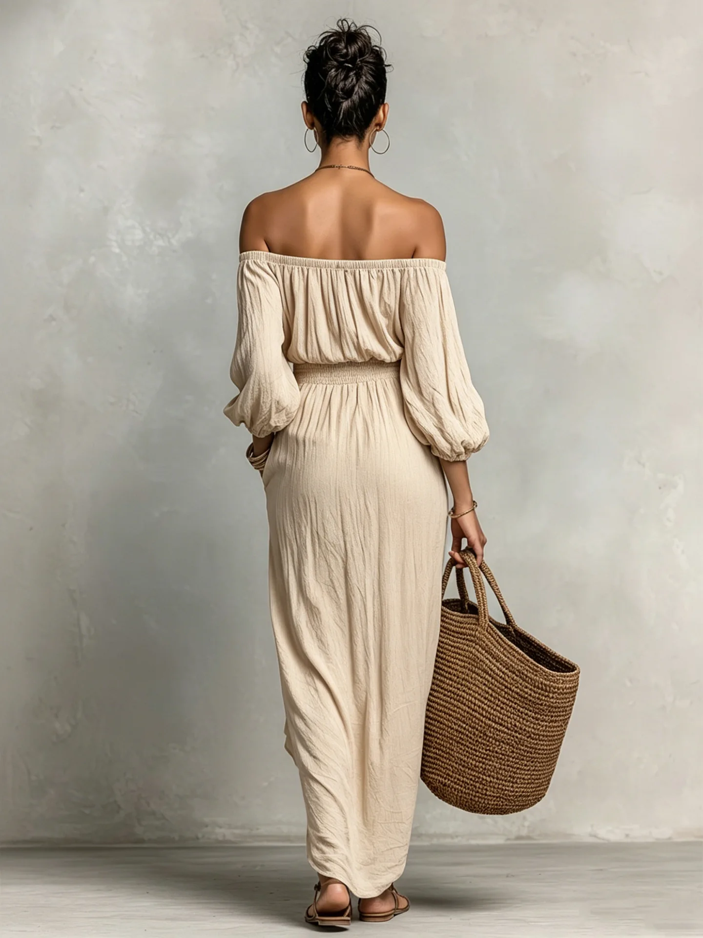 2026 Summer Beach Vacation Maxi Dress Woman Sexy Off Shoulder Puff Sleeve Long Dresses Vintage Waist-cinching Pocket Boho Dress