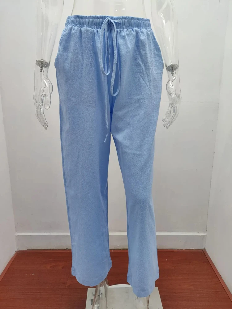 Damenhosen aus 100% Baumwolle für Sommer und Herbst, einfarbige, hochtaillierte, gerade geschnittene Hosen, lockere, atmungsaktive Freizeithosen aus Hanf für Damen, Sport-Hosen. – Detail 13